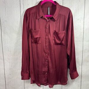 Anthropologie Relaxed Fit Button Up Shirt Burgundy Long Sleeve Collared Career
